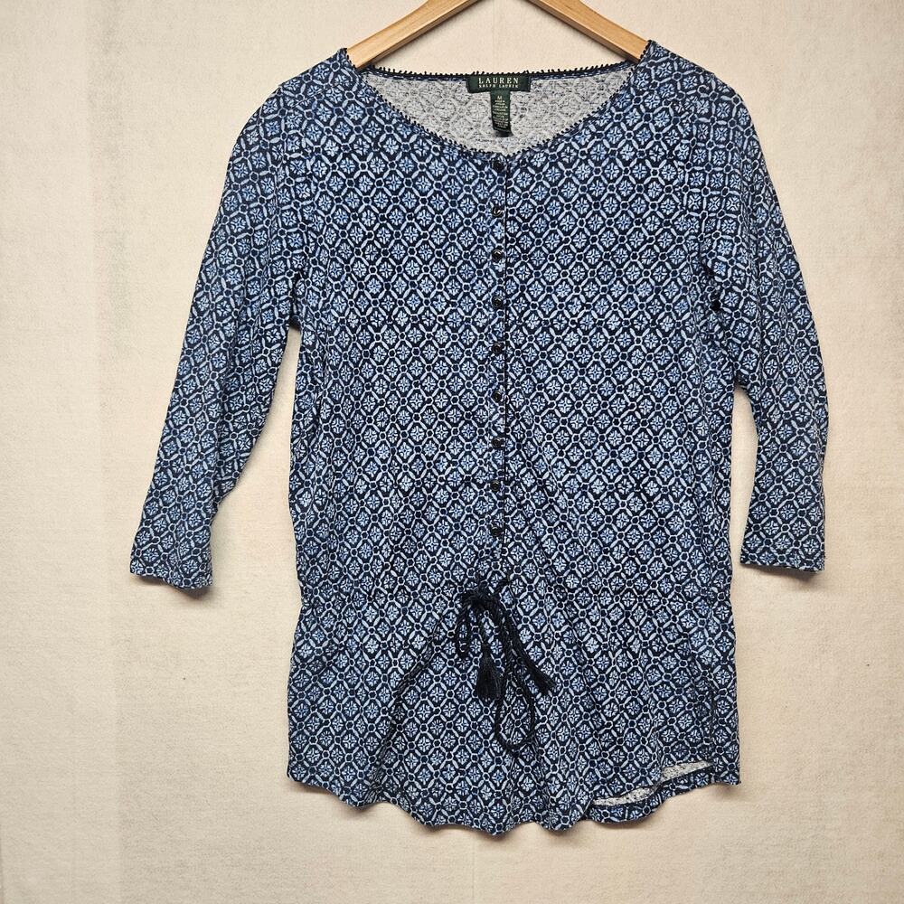 Lauren Ralph Lauren Blue White Patterned Tunic Top 3/4 Sleeve Tassels Size M